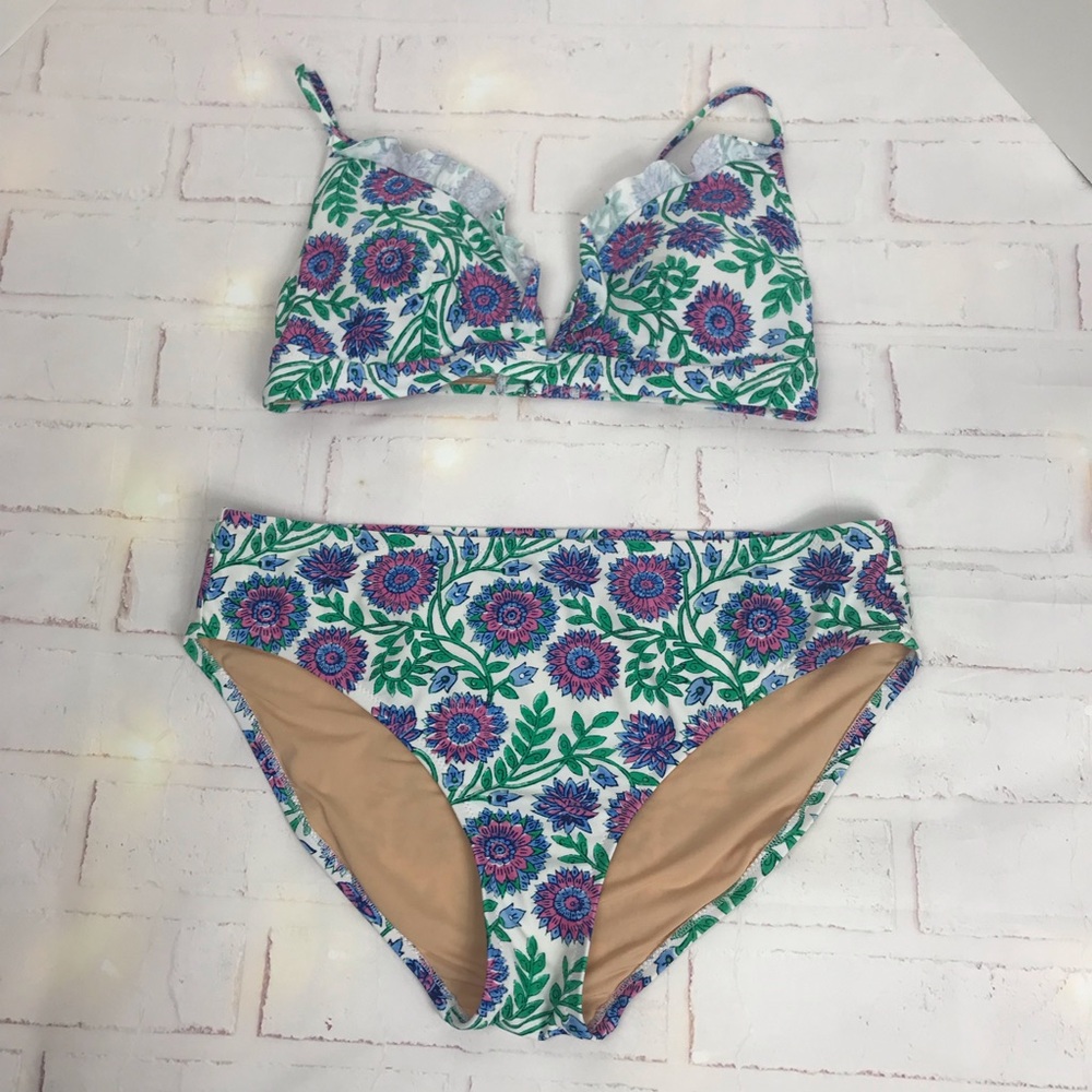 J. Crew Floral Two-Piece Bikini — White, Blue & Green